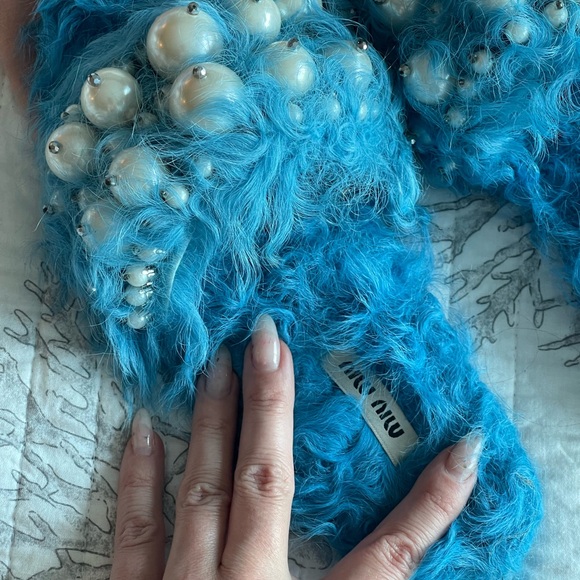 Miu Miu Blue Furry Pearl Embellished Slippers - Picture 5 of 7